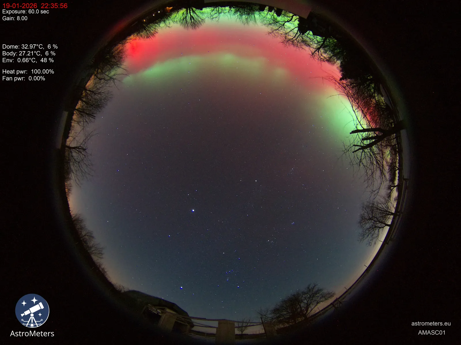 Aurora Borealis over the Czech Republic on 19 January 2026 | AMASC01 all-sky camera