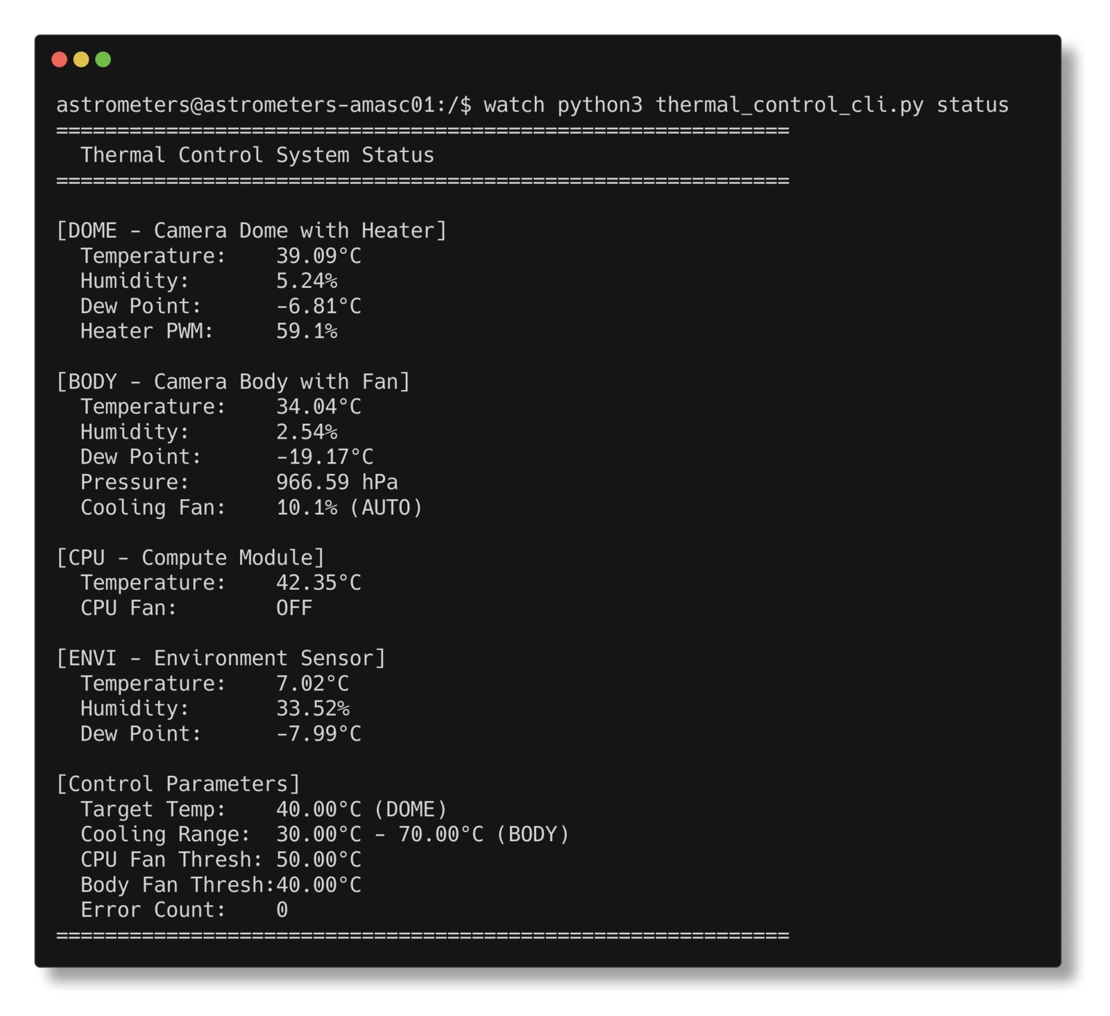 Screenshot of the custom thermal control implementation running in terminal, showing real-time sensor readings and system status